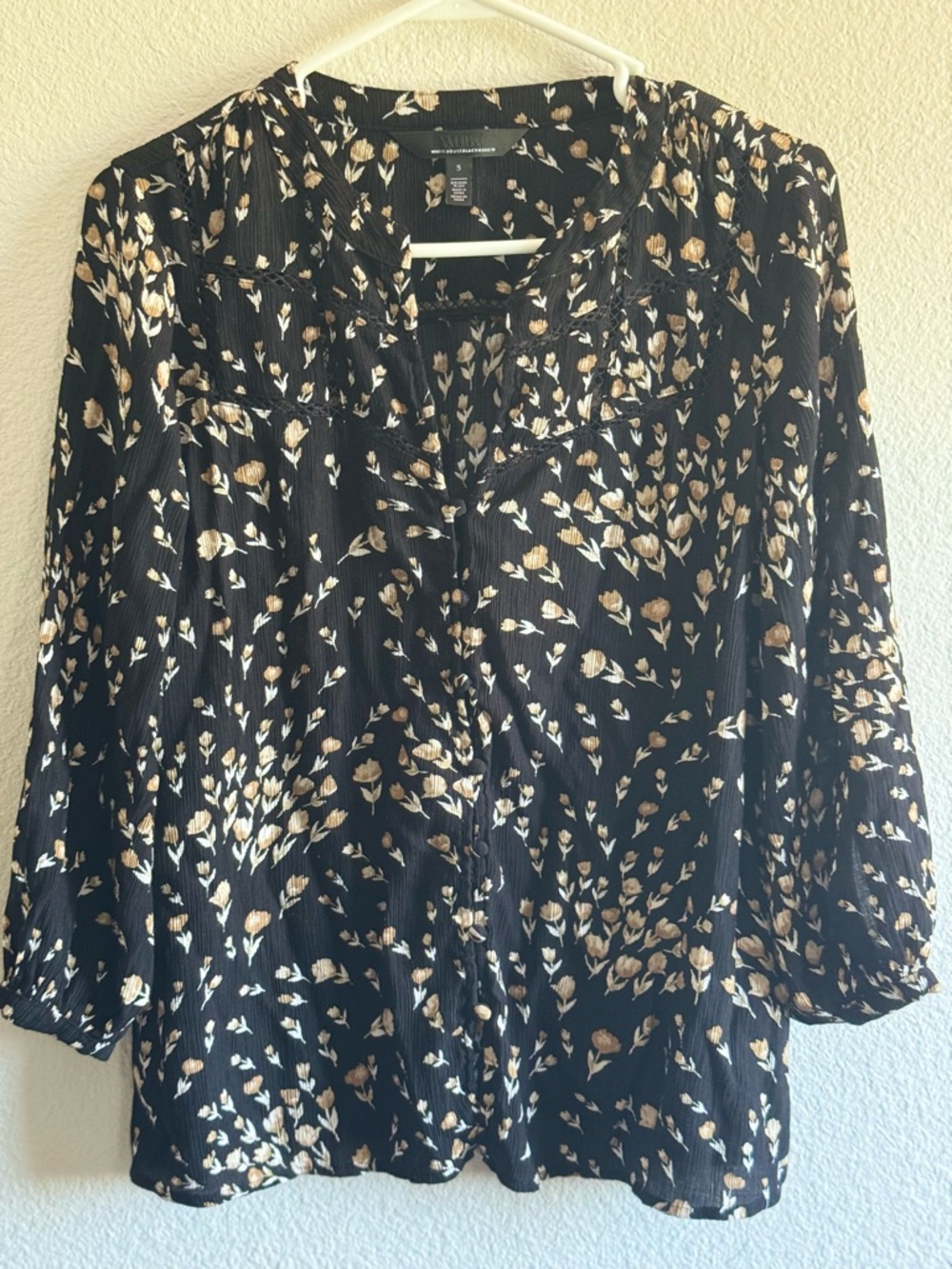 White House Black Market Black Floral Pintuck Button Blouse